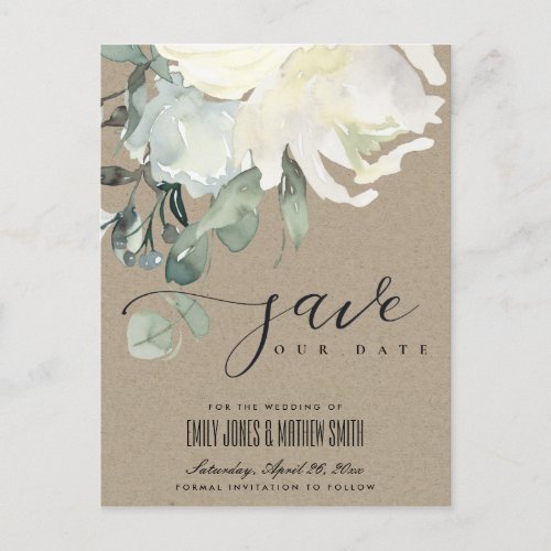 SOFT KRAFT IVORY WHITE FLORAL BUNCH SAVE THE DATE ANNOUNCEMENT POSTCARD