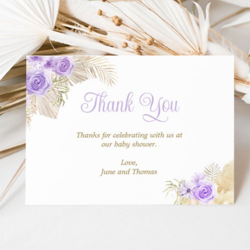 Soft Lavender Boho Pampas Floral Girl Baby Shower Thank You Card