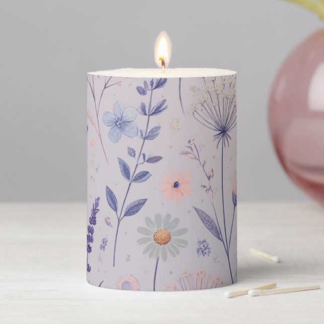 Soft Lavender Botanical Floral  Pillar Candle (In Situ)