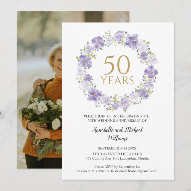 Soft Lavender Floral Wreath 50th photo Wedding  Invitation (Front/Back)
