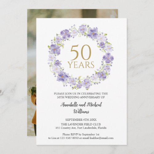Soft Lavender Floral Wreath 50th photo Wedding  Invitation