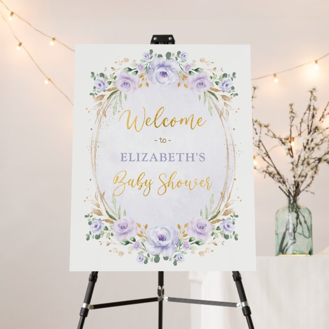 Soft Lavender Floral Wreath Baby Shower Welcome Foam Board (In Situ (Stand))