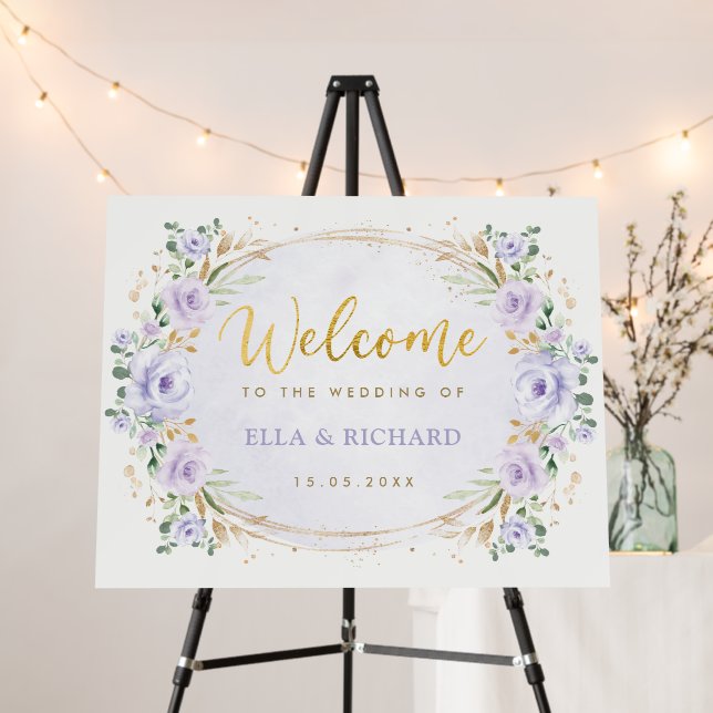 Soft Lavender Floral Wreath Wedding Welcome Foam Board (In Situ (Stand))