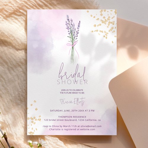 Soft lavender gold glitter flowers bridal shower invitation