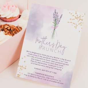 Soft lavender gold glitter flowers mother's day invitation
