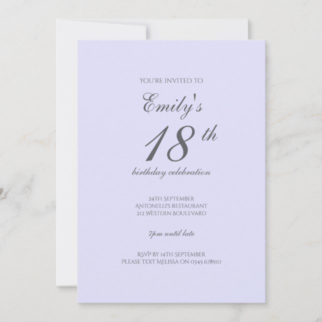 Soft Lavender Minimalist 18th Birthday Invitation (Front)