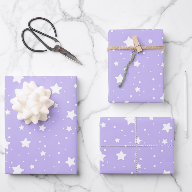 Soft Lavender Starry Pattern Wrapping Paper Sheets (Front)