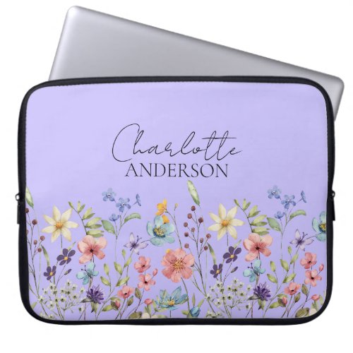 Soft Lavender Wildflower Name Monogram  Laptop Sleeve