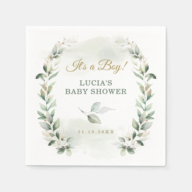 Soft Leafy Greenery Gold Wreath Baby Shower Napkins (Front)