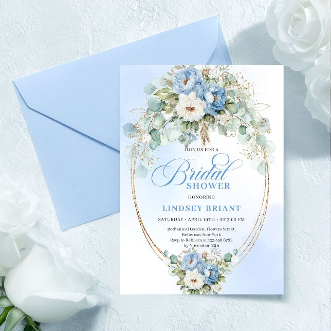 Soft Light Blue Peonies Gold Bridal Shower Invite (Soft Light Blue Peonies Gold Bridal Shower Invitation)