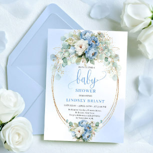 Soft Light Blue Peonies Greenery Gold Baby Shower Invitation