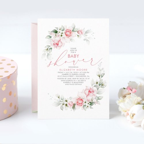 Soft Light Pink Flowers and Greenery Baby Shower Invitation