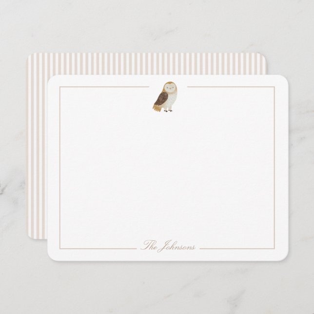 Soft Light Taupe Tan Owl Personalized Stationery Note Card (Front/Back)