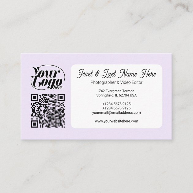 Soft Lila QR Code Photo Social Media Icons Content Business Card
