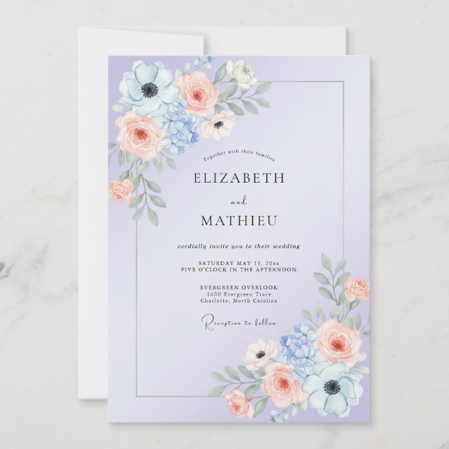 Soft Lilac Coral Peony Wedding Invitation (Front)