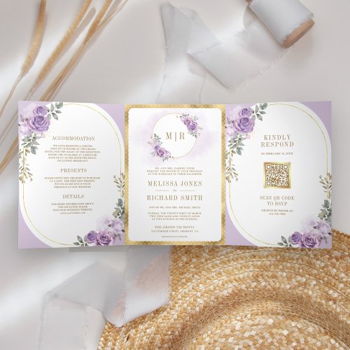 Soft Lilac Purple Floral Gold All in One Wedding Tri_Fold Invitation