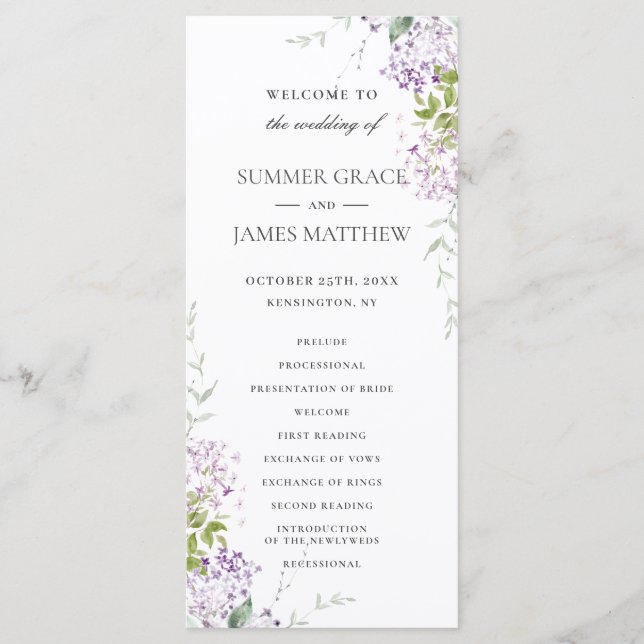 Soft Lilac Purple Floral Greenery Wedding Program (Front)