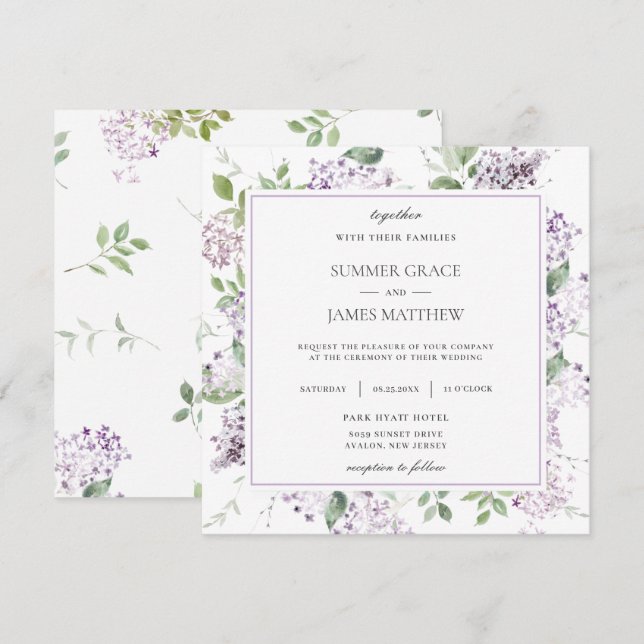 Soft Lilac Purple Floral Greenery Wedding Square  Invitation (Front/Back)