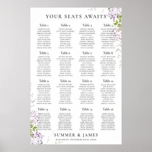 Soft Lilac Purple Floral Wedding Seating Chart