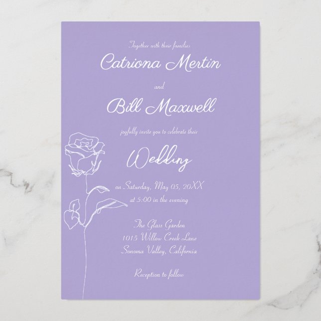 Soft Lilac & Real Silver Foil Wedding Invitation (Front)