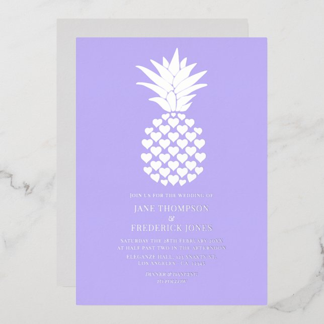 Soft Lilac & Silver Tropical Pineapple Wedding Foil Invitation (Front/Back)