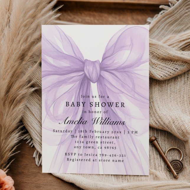 Soft Lilac Tulle Bow Modern Baby Invitation (Creator Uploaded)