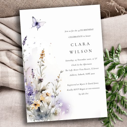 Soft Lilac Wildflower Butterfly Garden Birthday Invitation