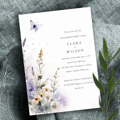 Soft Lilac Wildflower Butterfly Garden Engagement  Invitation