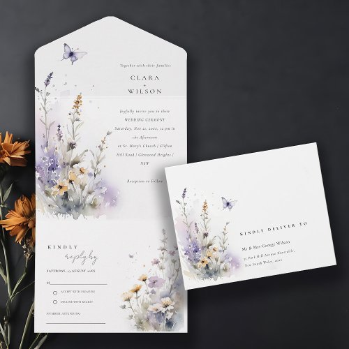 Soft Lilac Wildflower Butterfly Garden Wedding All In One Invitation