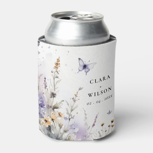 Soft Lilac Wildflower Butterfly Garden Wedding Can Cooler (Can Front)