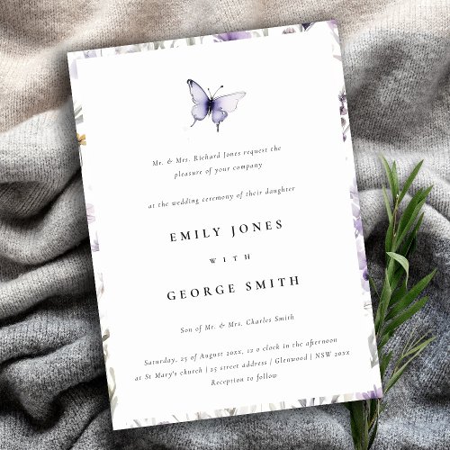 Soft Lilac Wildflower Butterfly Garden Wedding Invitation