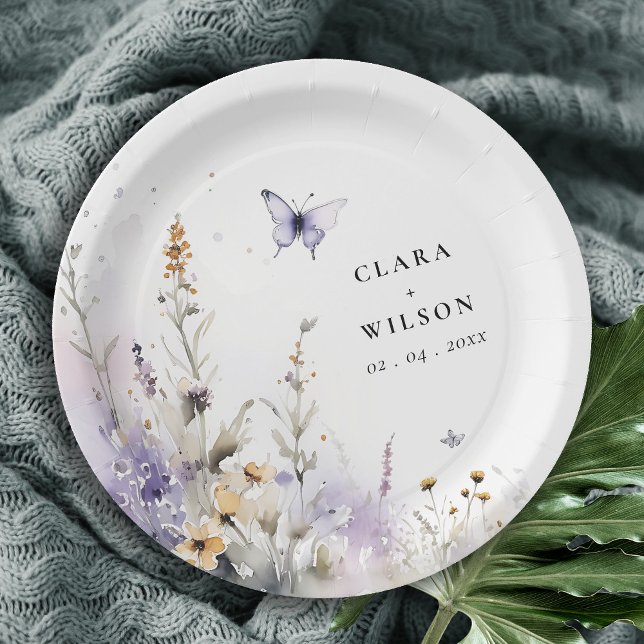 Soft Lilac Wildflower Butterfly Garden Wedding Paper Plates (Creator Uploaded)