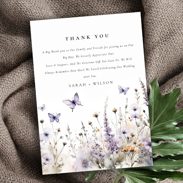 Soft Lilac Wildflower Butterfly Garden Wedding Thank You Card | Zazzle
