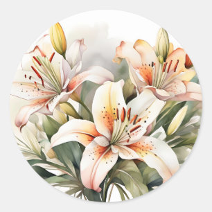 Soft Lily Flowers On White Classic Round Sticker