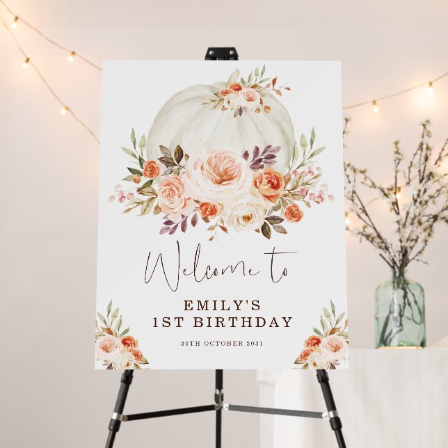 Soft Little Pumpkin Fall Floral Birthday Welcome Foam Board (In Situ (Stand))