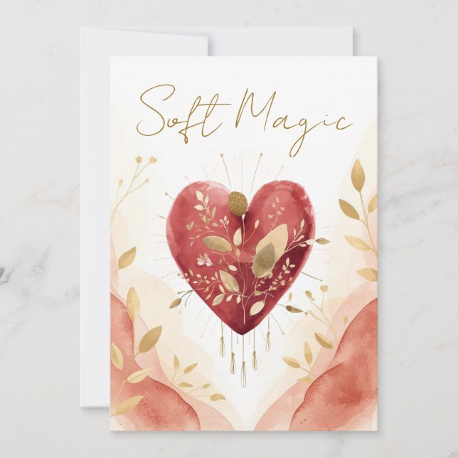 Soft Magic Watercolor Heart with Golden Botanicals Holiday Card (Front)