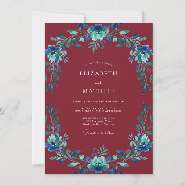 Soft Maroon Azure Wreath Wedding Invitation (Front)