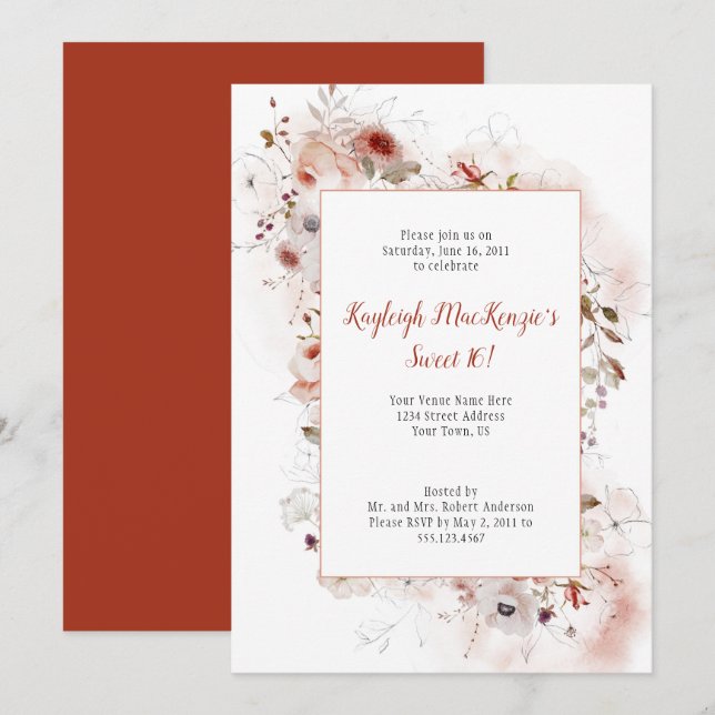 Soft Marsala Burgundy Terracotta Floral Sweet 16 Invitation (Front/Back)