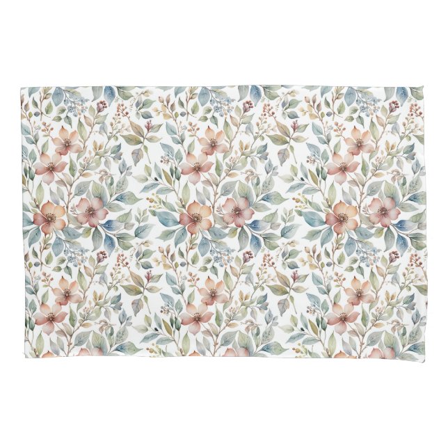 Soft Mauve and Teal Floral Botanical Pillow Case (Front)