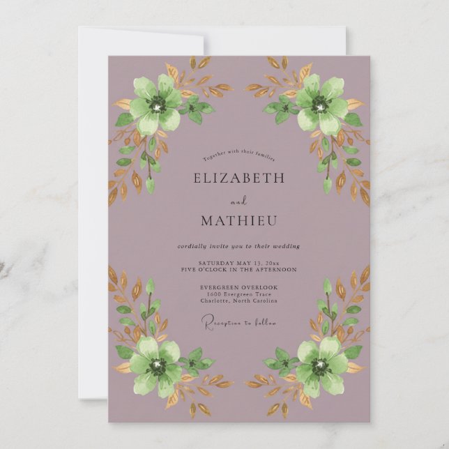 Soft Mauve Mint Blossom Wedding Invitation (Front)