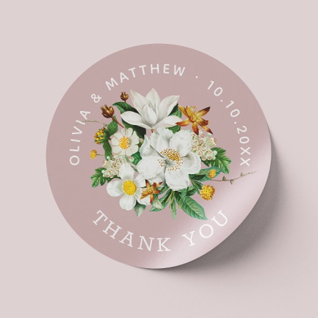 Soft Mauve Pink Floral Thank You. Romantic Wedding Classic Round Sticker (Creator Uploaded)