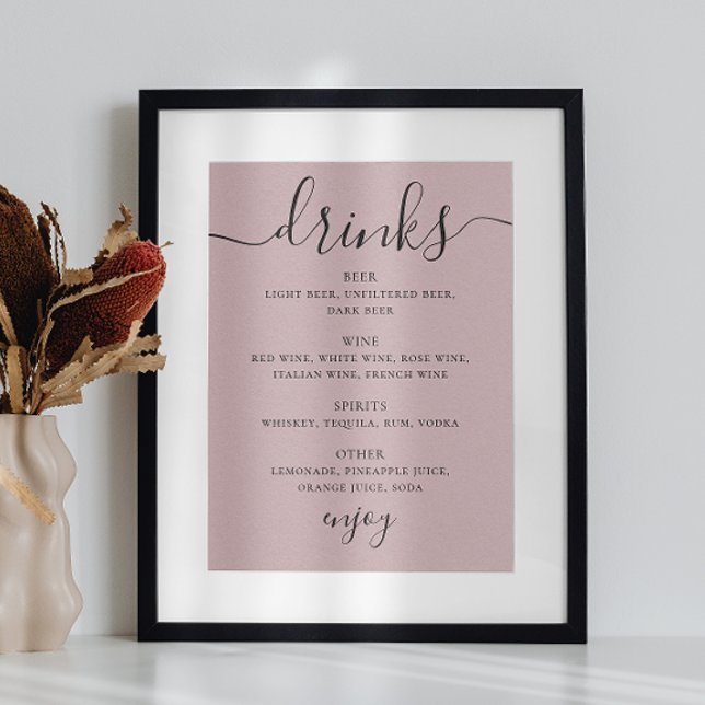Soft Mauve Pink Wedding Drinks Menu | Elegant Poster (Creator Uploaded)