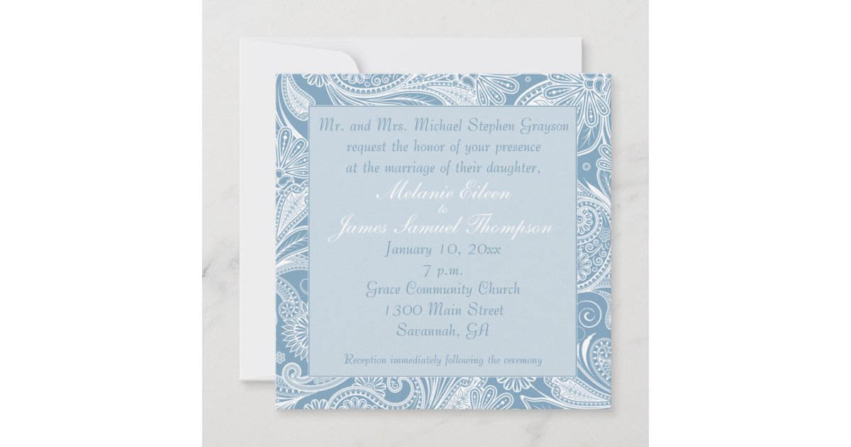 Soft Medium Blue White Paisley Wedding Invitation | Zazzle
