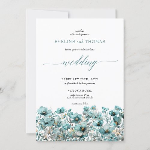 Soft minimalist boho summer turquoise wildflowers invitation