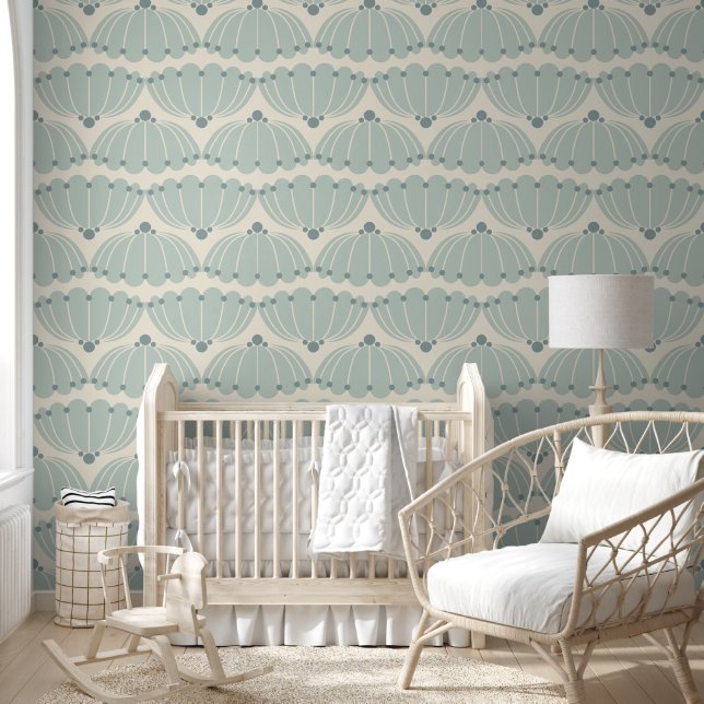 Soft Mint and Beige Art Deco Scallop Wallpaper (Kids)