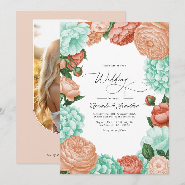Soft Mint, Apricot & Warm Coral Floral Wedding Invitation (Front/Back)