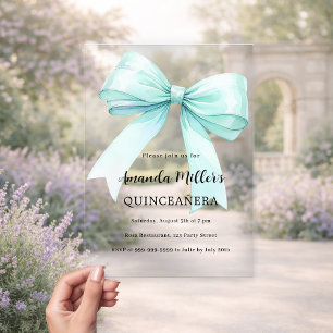 Soft mint green bow clear Quinceanera Acrylic Invitations