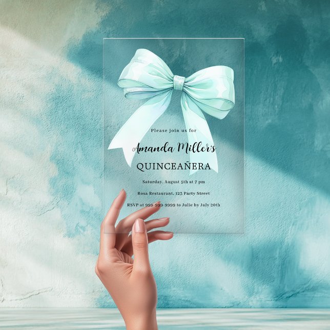 Soft mint green bow clear Quinceanera Acrylic Invitations (Creator Uploaded)