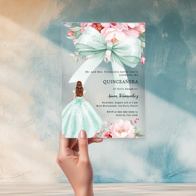 Soft mint green bow dress florals Quinceanera Acrylic Invitations (Creator Uploaded)