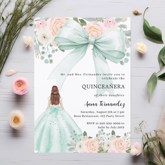 Soft mint green bow pink florals dress Quinceanera Invitation (Creator Uploaded)
